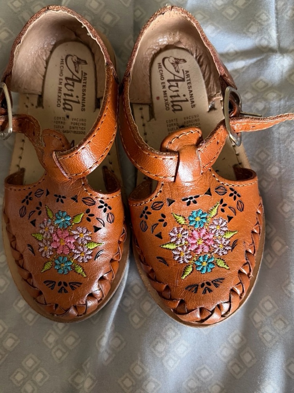 Kids Leather Huarache Sandals in Tan with Floral Embroidery